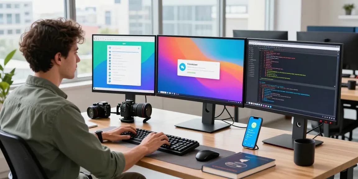 Telegram download workspace showcasing a developer engaged with the app interface, vibrant coding environment emphasizing productivity.
