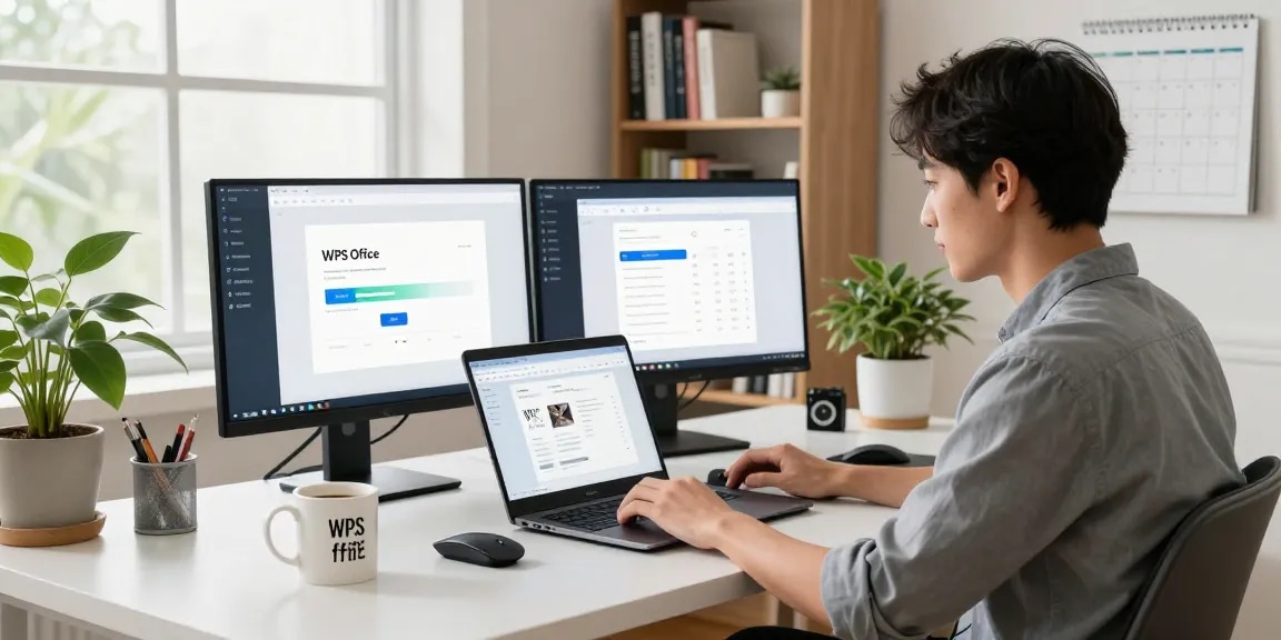 WPS Download process in a modern workspace with a laptop and productivity tools.