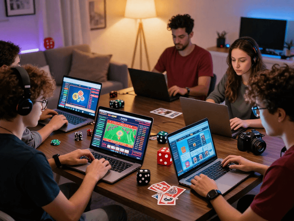 Engaging scene of diverse players enjoying online gambling in Canada, showcasing exciting activities and cozy environment.