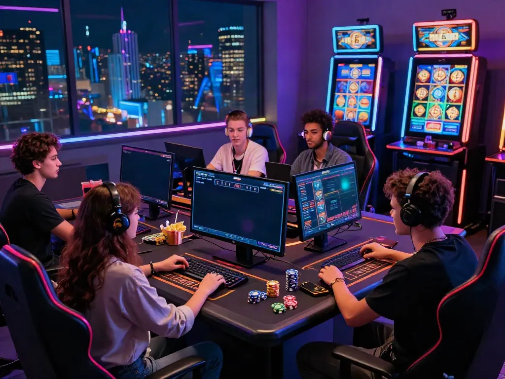 Engaging scene of friends playing at a crypto casino Canada that accepts bitcoin, with lively visuals of gaming screens and crypto symbols.
