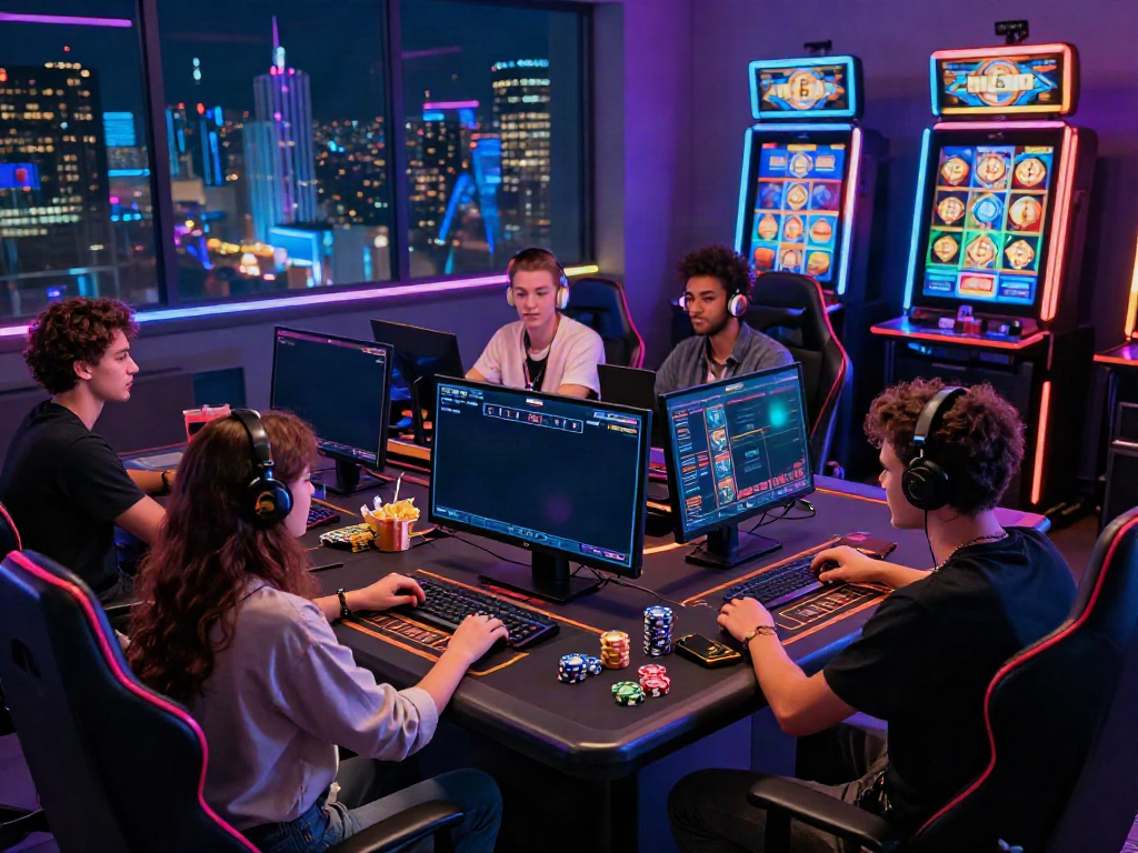 Engaging scene of friends playing at a crypto casino Canada that accepts bitcoin, with lively visuals of gaming screens and crypto symbols.