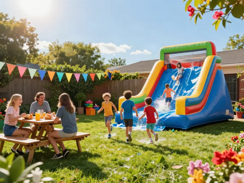 Kids enjoying a colorful water slide in a sunny backyard