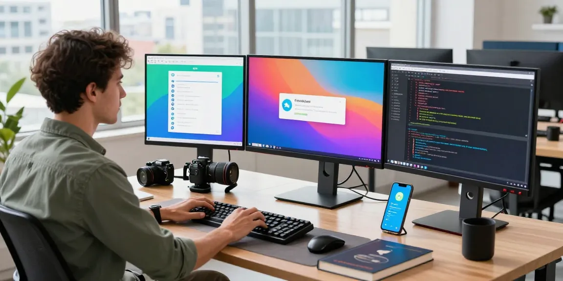 Telegram download workspace showcasing a developer engaged with the app interface, vibrant coding environment emphasizing productivity.