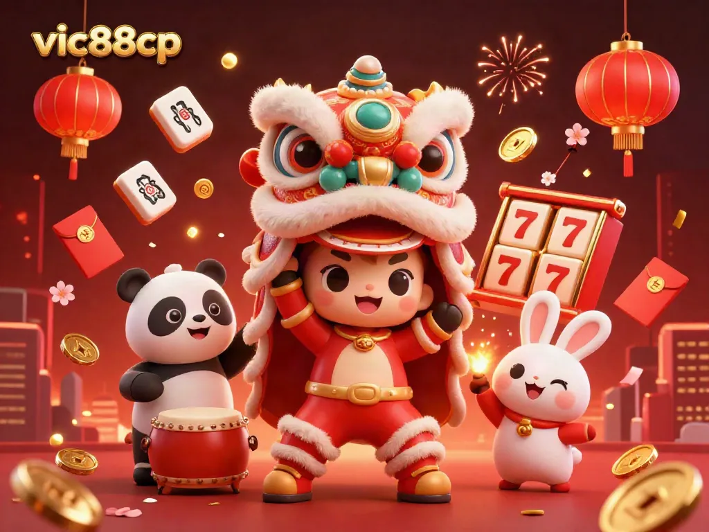 Experience the excitement of vic88cp with vibrant characters, slot reels, and festive elements in a rich casino scene.