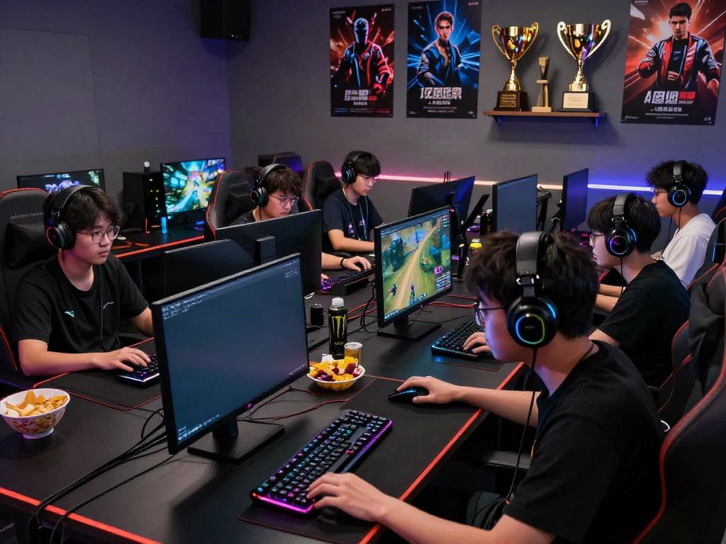 Competitive online gaming scene featuring players engaged with high-tech setups and vibrant graphics.