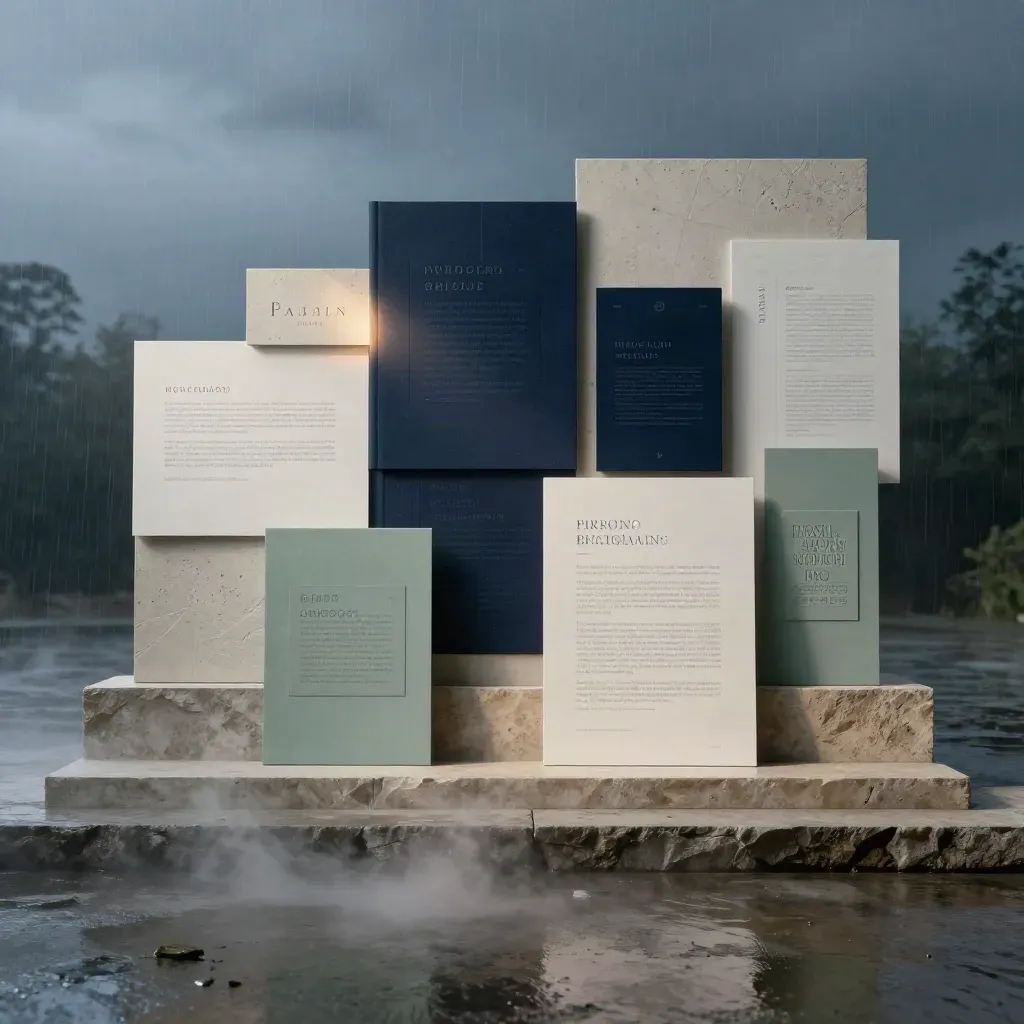 Moody creative studio tableau with brand boards, pitch mockups and plaster surfaces at blue hour.