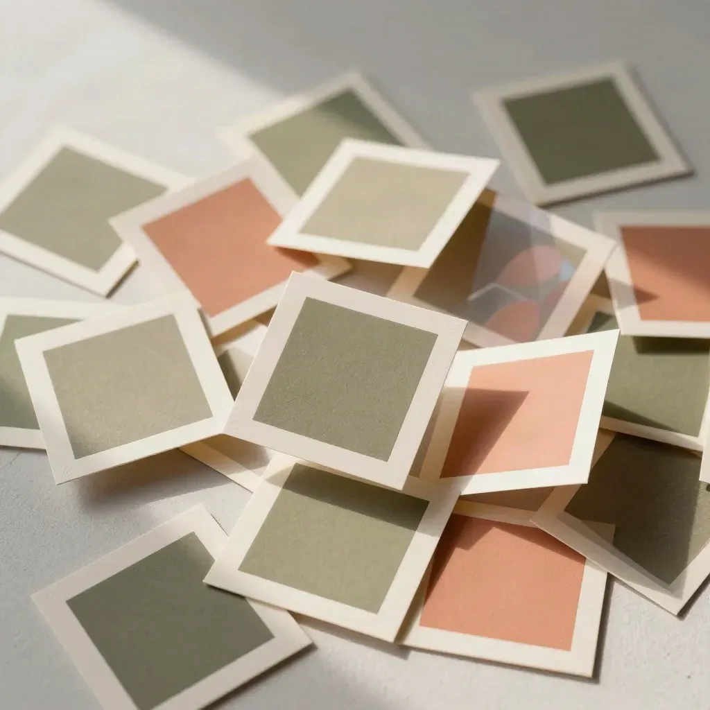Cascading social media template cards and coral colour tiles on a pale plaster floor.