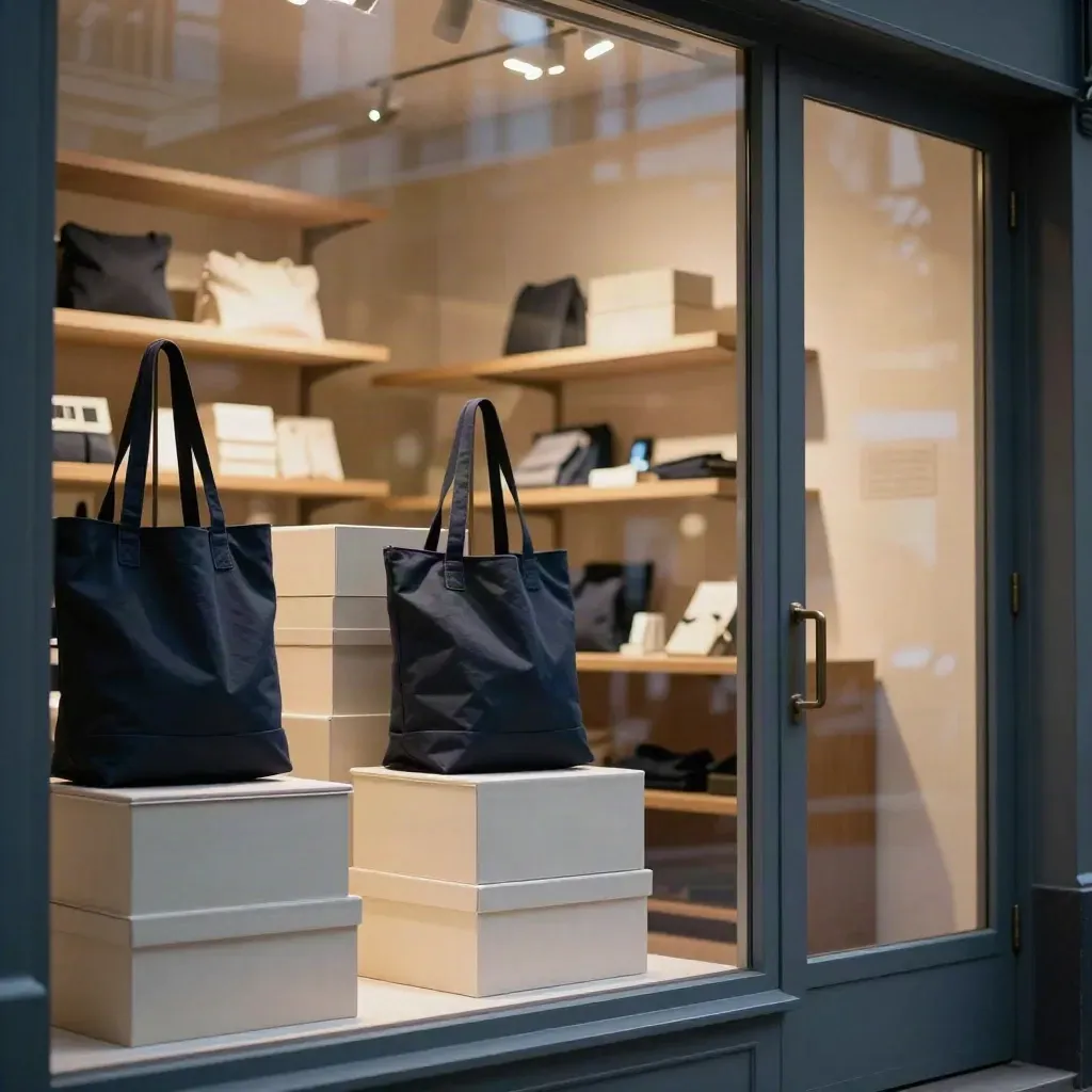 Storefront at dusk with navy totes, stacked boxes, and glowing shelves behind glass.