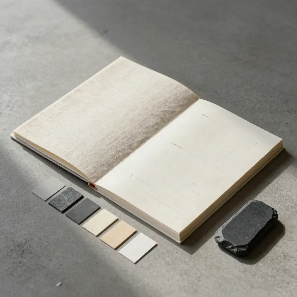 Overhead brand-planning flatlay with linen folio, cards, swatches, and a slate stone paperweight.