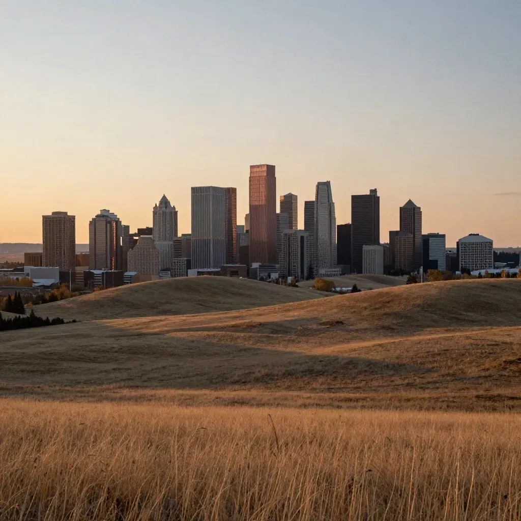 Calgary skyline from Nose Hill at golden hour above prairie grass
