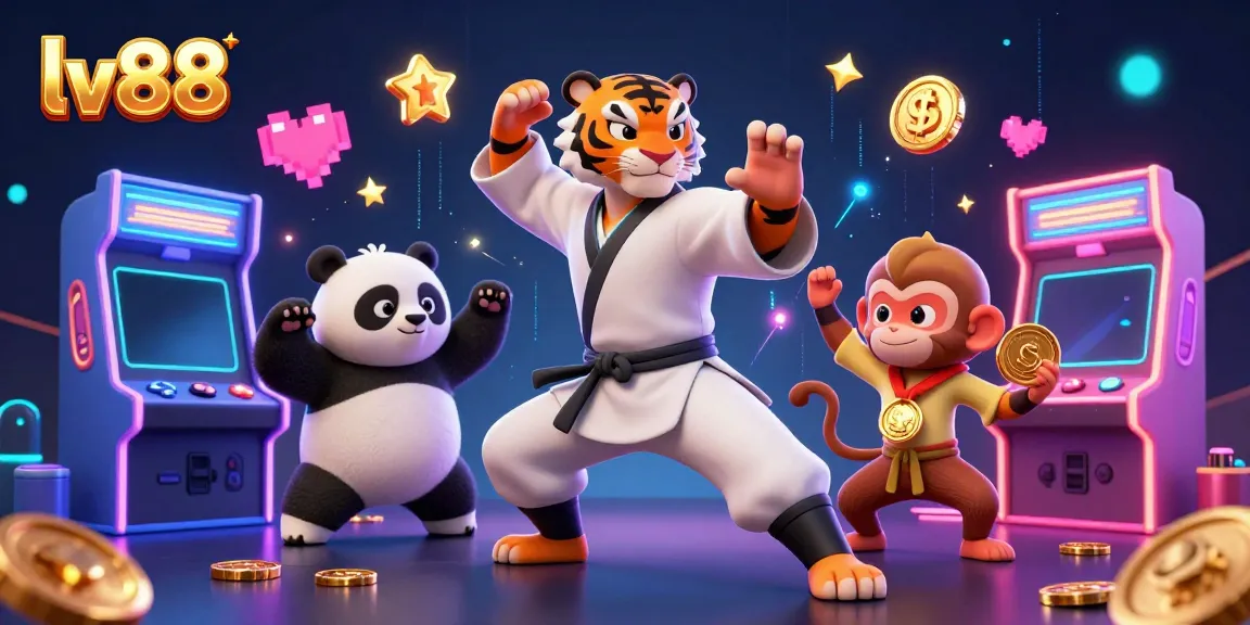 Experience gaming excitement at lv88 with a lively 3D illustration of a kung fu tiger master and characters surrounded by casino elements.