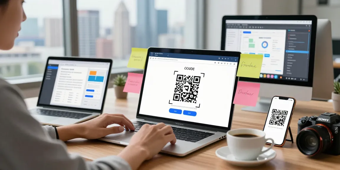 Create QR Code in a modern office with a professional using a laptop, sticky notes, and city view.