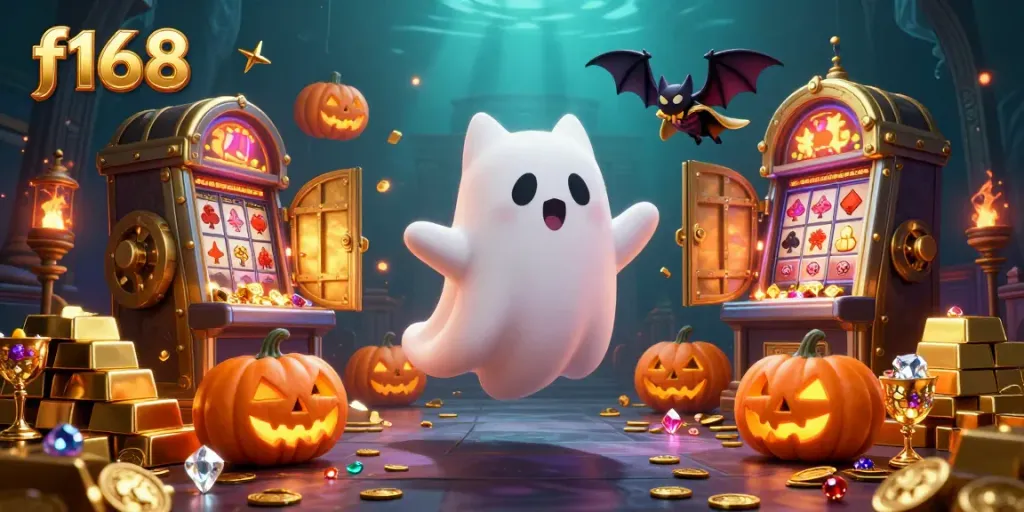 Experience thrilling f168 gaming with a ghost cat and vampire bat in a haunted casino.