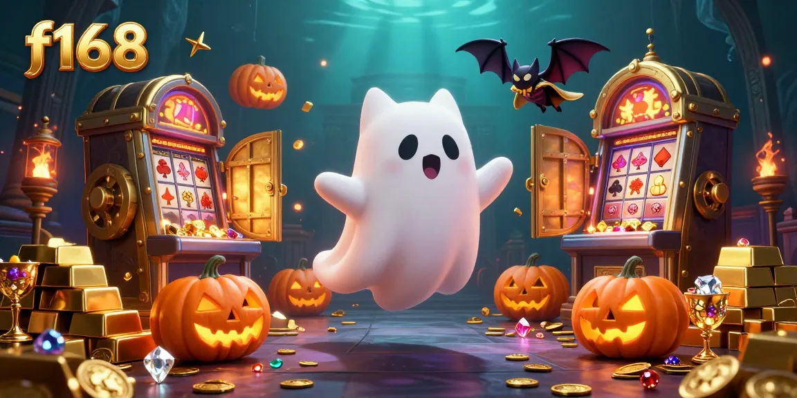 Experience thrilling f168 gaming with a ghost cat and vampire bat in a haunted casino.