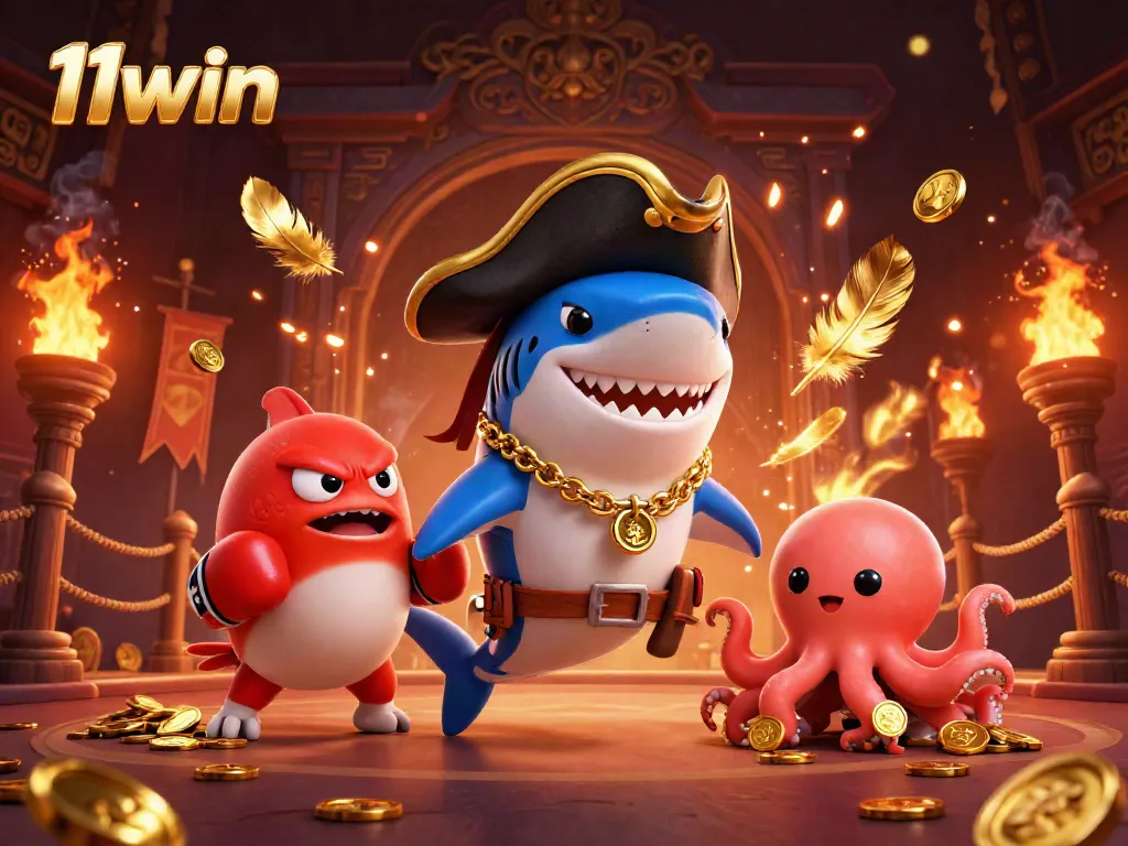Exciting 11win casino scene featuring a playful pirate shark, boxing pufferfish, and gold-holding octopus.