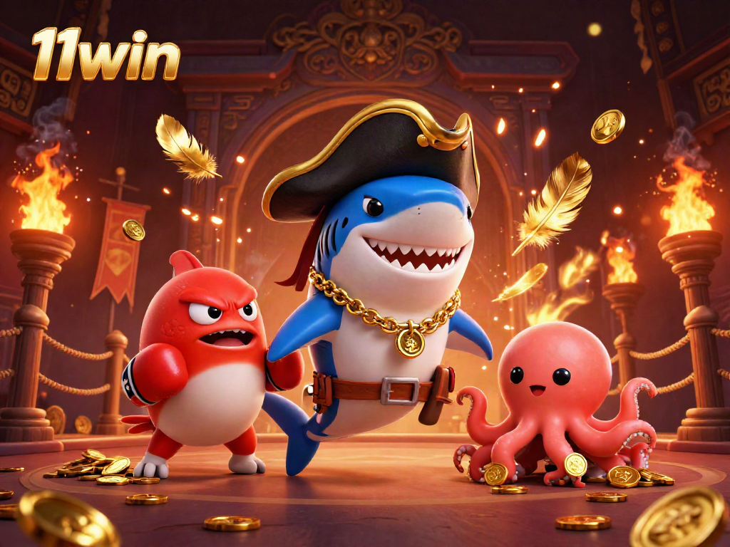 Exciting 11win casino scene featuring a playful pirate shark, boxing pufferfish, and gold-holding octopus.