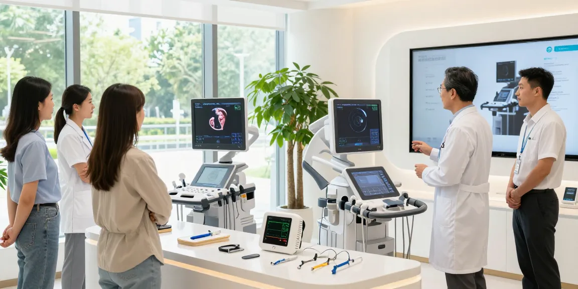 Engaged healthcare professionals learning about medical equipment companies in a modern showroom setting.