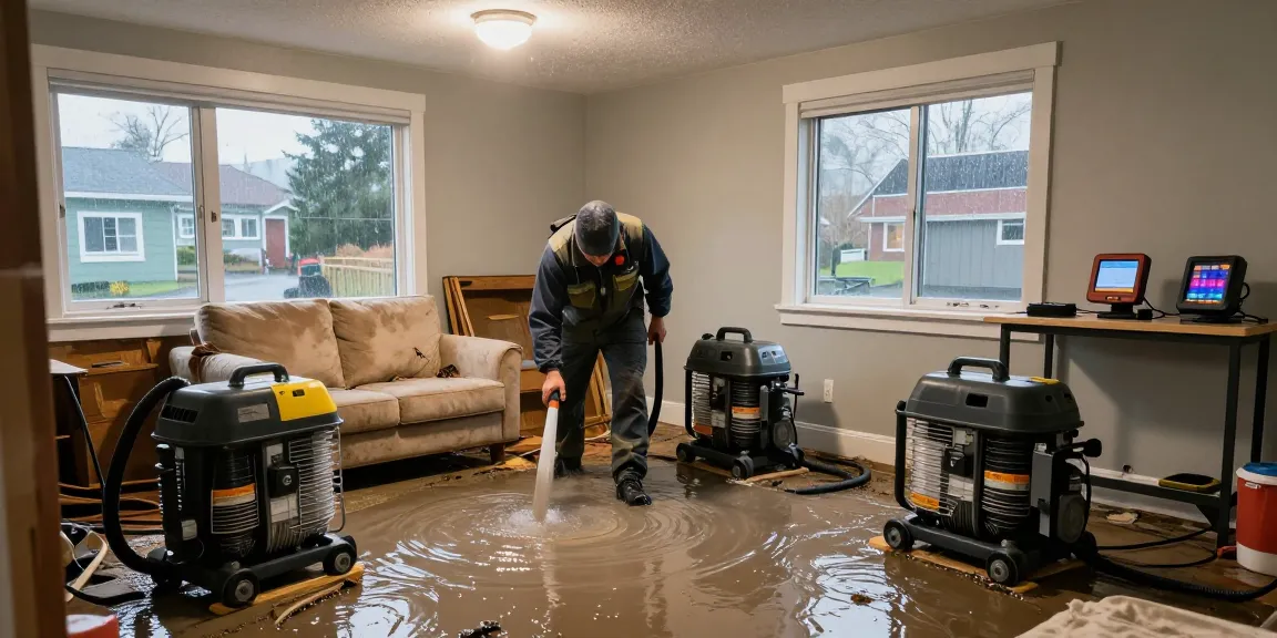 Water Damage Restoration Vancouver: Technician extracting water from a flooded basement using industrial equipment during emergency restoration.