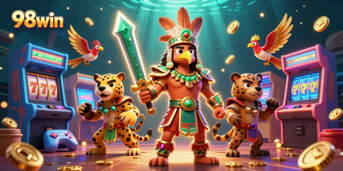Engage with 98win's vibrant gaming scene featuring Aztec warriors, slot reels, and arcade machines.