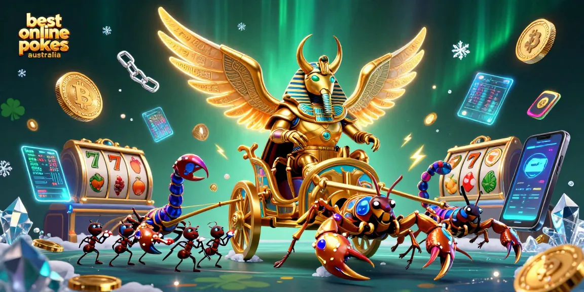 Experience the best online pokies Australia with vibrant visuals of slots and crypto elements.