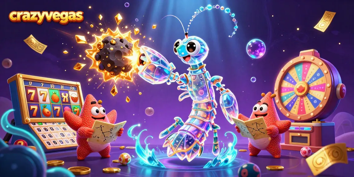 crazyvegas illuminated scene with a galactic mantis shrimp and starfish navigating a treasure of slots and prizes
